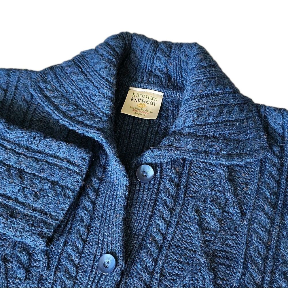 Kilronan Knitwear Ireland Womens L Blue Aran Wool Cardigan Sweater Long NWOT